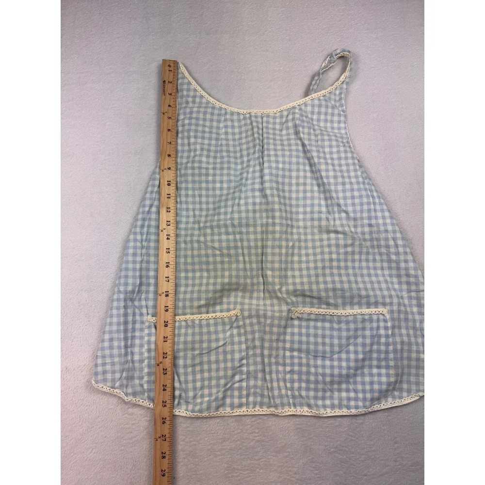 Vintage Blue Gingham Check Cross Back Apron Lace Trim Pockets Cottagecore